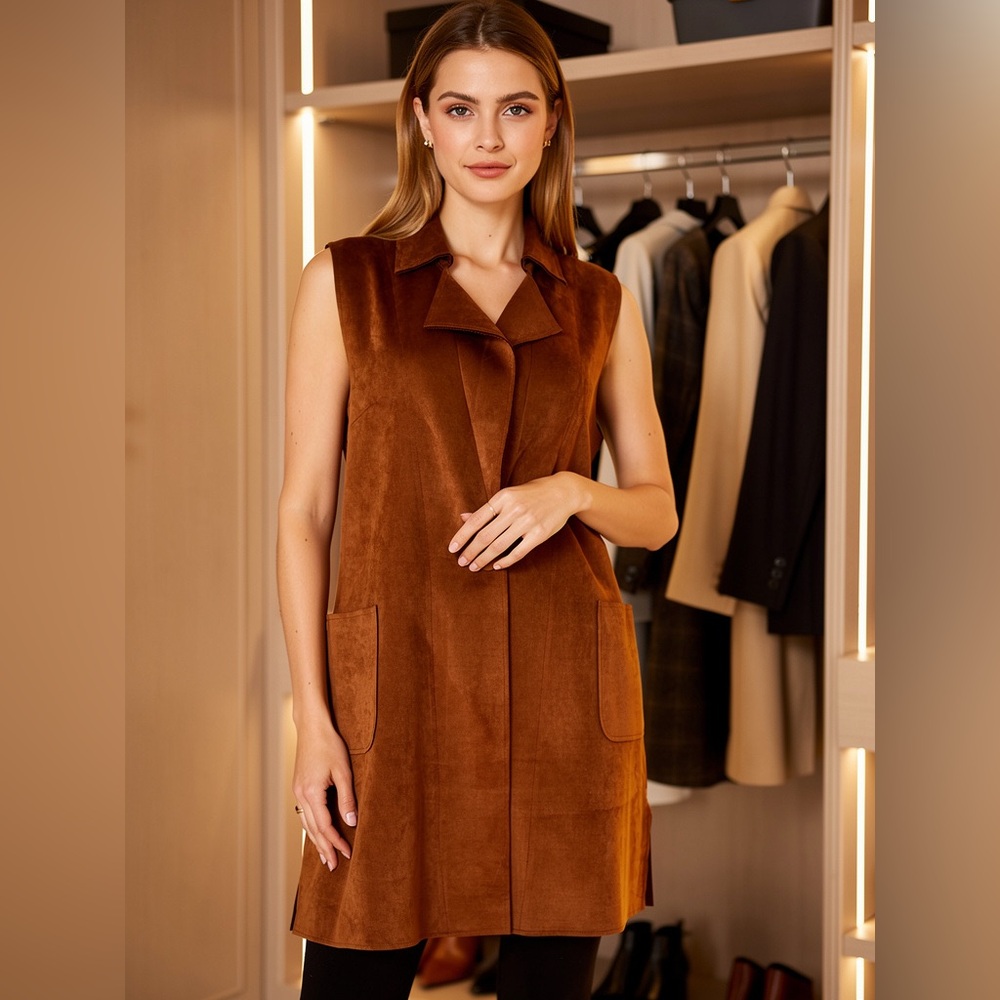 NWT Brown Faux Suede Sleeveless Trench Vest Dress Fall Layering Size L